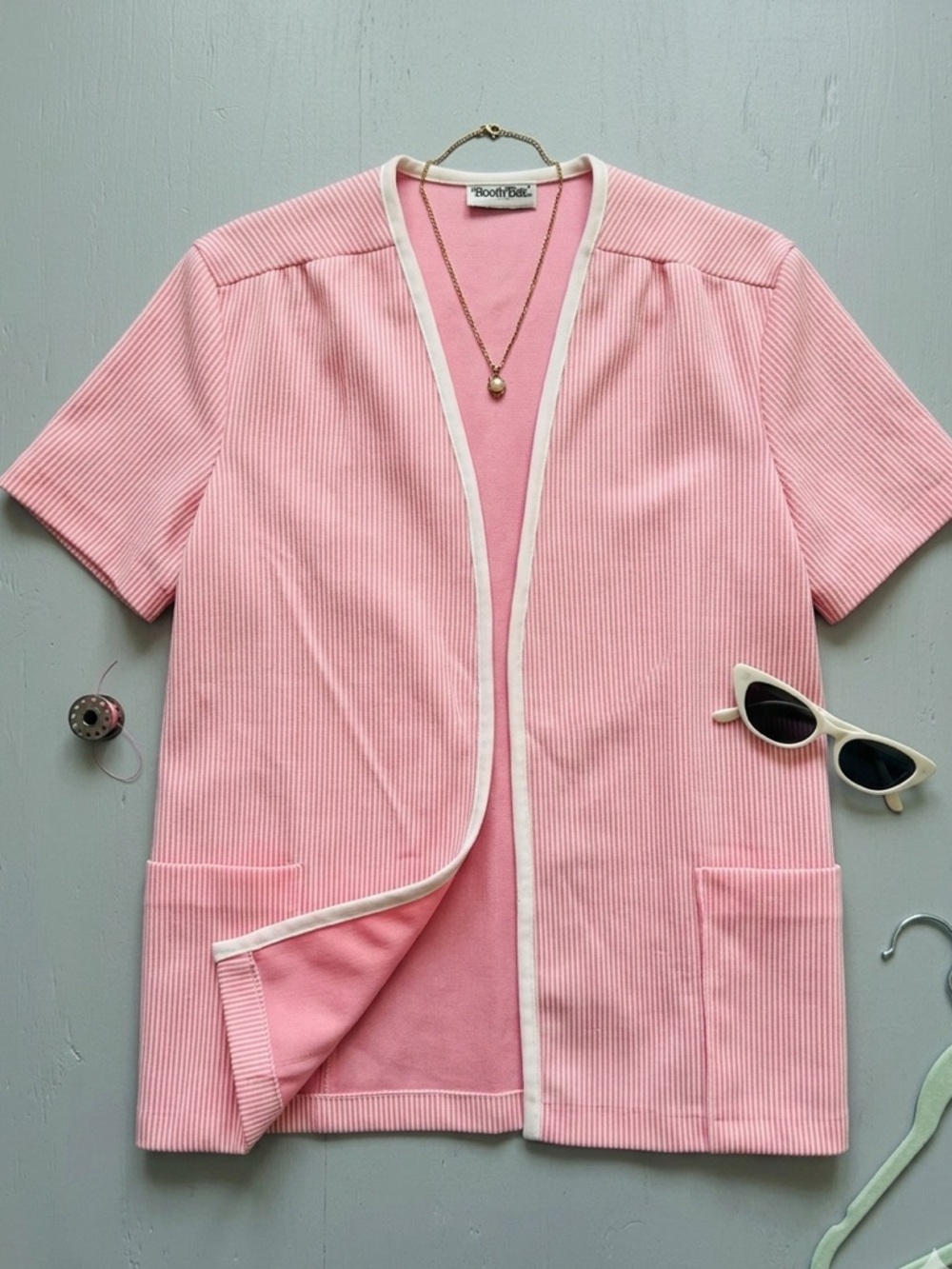 Vintage 70s Booth Bay Pink Striped Knit Cardigan Short Sleeve Pockets Cottage M